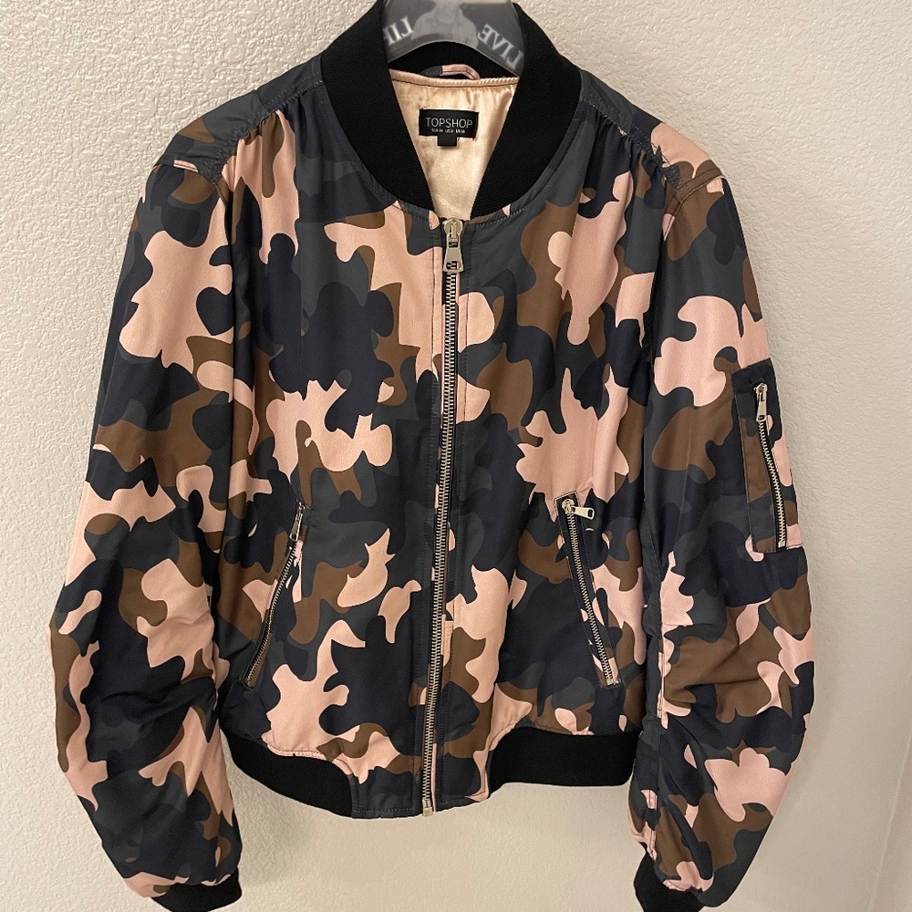TOPSHOP Bomber Pink Green Camo Zip Jacket Size 12